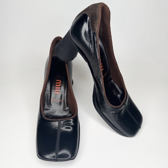 Miu Miu 90s Shoes 37 Real 38,5 Black Patent Leather Brown Square Toe Block Heel - Picture 1 of 9